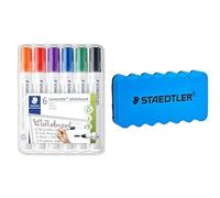 STAEDTLER - Lumocolor whiteboard marker 351-6 marqueurs effaçables - Pointe ogive 2mm + 1 brosse magnétique pour effaçage à sec