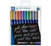 Staedtler Metallic Marker, Feutres métalliques à pointe biseau pour loisirs créatifs et écriture stylisée, Encre pigmentée à base d'eau, Étui plastique avec 10 feutres, 8325 TB10
