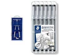 Staedtler Mars Comfort, Compas technique à réglage rapide et micrométique en composite métal-plastique & Pigment Liner, Feutres de dessin à encre pigmentée noire, Étui chevalet avec 6 feutres