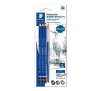 Staedtler Mars Lumograph Aquarell, Crayons graphites aquarellables, Utilisables à sec ou à l'eau, Étui blister avec 3 crayons aquarellables assortis et 1 pinceau, 100A SBK4