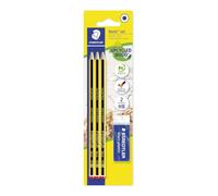 Crayon STAEDTLER Noris 120 HB - lot de 3, avec gomme | Crayon hexagonal en bois recyclé, surface antidérapante, résistant à la casse - Réf. 120 R BK3D