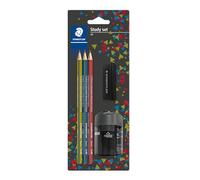 Staedtler Noris 183 SBK3P1 Crayon fabriqué en bois recyclé, surface douce antidérapante, carte blister avec 3 crayons HB, 1 gomme et taille-crayon, 183