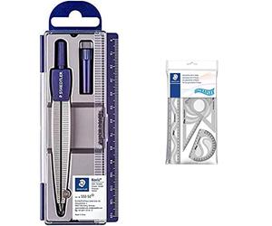 Staedtler Noris 550, Compas scolaire de précision pour l'école, Boîtier refermable pratique & 569 - Polybag 1 Set De Géométrie Flexible (Règle 30 Cm, Rapporteur 10 Cm, Équerres 60/30 & 45/45)