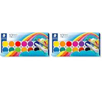 Staedtler Noris 888, Palette de peinture aquarelle de haute qualité, Boîte de 12 pastilles aquarelles avec 1 tube de gouache blanche et 1 pinceau, 888 NC12 (Lot de 2)