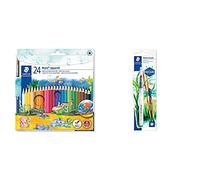 Staedtler Noris Aquarell, Crayons de couleur aquarellables avec système anti-casse, Étui carton avec 24 crayons et 1 pinceau & Pinceau à réservoir d'eau en nylon résistant, Touffe ronde et fine