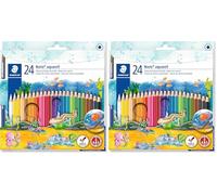 Staedtler Noris Aquarell, Crayons de couleur aquarellables avec système anti-casse, Utilisables à sec ou l'eau, Étui carton avec 24 crayons et 1 pinceau, 144 10NC24 (Lot de 2)