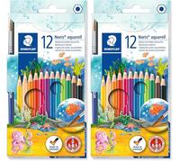 Staedtler Noris Aquarell, Crayons de couleur aquarellables avec système anti-casse, Utilisables à sec ou l'eau, Étui carton avec 12 crayons et 1 pinceau, 144 10NC12 (Lot de 2)