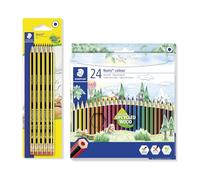 STAEDTLER Noris Set d'écriture et de dessin - 10 crayons HB avec gomme et 24 crayons de couleur - Bois recy vec surface lisse - Set robuste pour l'école, le bureau et les projets créatifs
