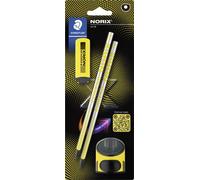 Staedtler Lot de 4 crayons à dessin HB - Pour esquisses et écriture - NORIX - Comprend 2 crayons HB, taille-crayon et gomme - Jaune - Lot de 4-181 SBK2-1