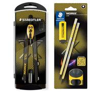 STAEDTLER NORIX Set Compas à réglage rapide, blister contenant 2 crayons HB, une gomme et un taille-crayon individuel, jaune