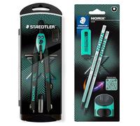 STAEDTLER NORIX Set Compas à réglage rapide, blister contenant 2 crayons HB, une gomme et un taille-crayon individuel, vert français