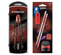 STAEDTLER NORIX Set de compas à réglage rapide, blister contenant 2 crayons HB, une gomme et un taille-crayon individuel, corail