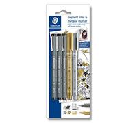 Staedtler Feutres Pigment Liner & Metallic Marker – 3 noirs + 2 métalliques – Blister