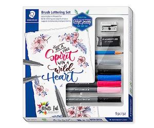STAEDTLER Stylo pinceau encre pigmentée 371 Brush Lettering 9 pièces | Stylos pinceaux pour la calligraphie, encre à base d'eau - résistants à la lumière - Réf. 61 371-1