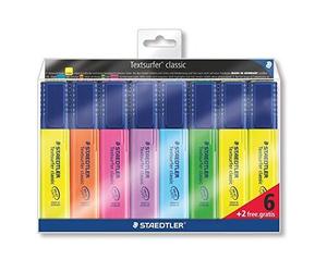 Staedtler Textsurfer Classic 364 Pack De 8 Surligneurs Pointe Biseau 1 À 5 Mm 6 + 2 Offerts Couleurs Assorties