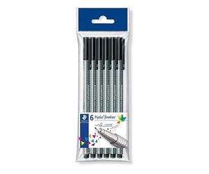 Staedtler Triplus Fineliner, Feutres d'écriture noirs à pointe extra-fine de 0.3 mm pour écriture et contours, Étui plastique avec 6 feutres noirs identiques, 334-9 PB6