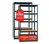 Stagecaptain Heavyrack HR-175 GR Ensemble de 4 Étagères Rangement - Charge Lourde à 5 étages de 175 kg - 875 kg Max - Meuble de Garage Atelier en Acier et Bois MDF - Vert foncé