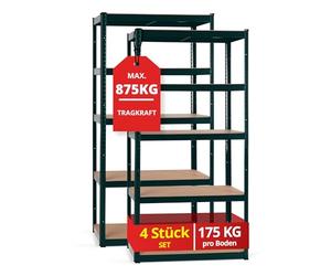 Stagecaptain Heavyrack HR-175 GR Ensemble de 4 Étagères Rangement - Charge Lourde à 5 étages de 175 kg - 875 kg Max - Meuble de Garage Atelier en Acier et Bois MDF - Vert foncé