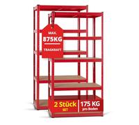 Stagecaptain Heavyrack HR-175 RD Ensemble de 2 Étagères Rangement - Charge Lourde à 5 étages de 175 kg - 875 kg Max - Meuble de Garage Atelier en Acier et Bois MDF - Rouge