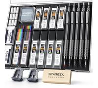STAGEEK Lot de 21 porte-mines en métal, 0,3, 0,5, 0,7, 0,9, 2 mm, noir | Lot de 10 tubes de recharges de plomb graphite (HB 2H 2B 4B Color), gomme pétrie, croquis, dessin, étui de rangement