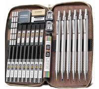 STAGEEK Lot de 30 porte-mines en métal avec étui en cuir, 0,5/0,7/0,9/2 mm, 16 tubes de mines graphite (6B 4B 2B HB 2H 4H) avec mines colorées pour croquis, dessin, écriture (argent)