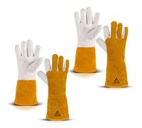 STAHLWERK Lot de 2 gants de soudeur en cuir véritable robuste résistant à la chaleur et au feu, blanc jaune, convient pour WIG TIG MIG MAG MMA Plasma