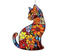 Stained Glass Cat Window Sun Catcher - 7.87 inch Hanging Light Refactor Orn | 7.87 Inch Height (20cm), Handcrafted Multi-Color Stained Glass (Orange, Red, Yellow, Blue, Violet), Bohemian Art Style, Inclu