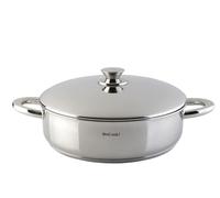 STAINLESS LOW COOKING POT WITH LID 22 cm. | Base à trois couches de 4,3 mm, four jusqu'à 200 °C, échelle intérieure, passe au lave-vaisselle