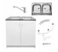 STAMAR Meuble sous Évier 80 cm Blanc + Évier Inox 2 Bacs + Robinet Pivotant Chrome + Siphon LV + Kit - 80x49x82 cm