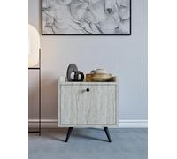 Stand de Nuit élégant avec Concept de marbre - Couleur Travertine - Largeur : 50 cm - Hauteur : 55 cm - Profondeur : 40 cm - 100% mélamine - Poignée en Cuir synthétique - Jambes en Bois