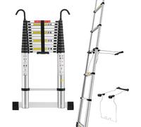 STANEW Échelle Télescopique 5M avec Stabilisateur d'échelle, Marchepieds Escamotables en Aluminium avec Barre Stabilisatrice et Crochets Amovibles