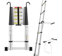STANEW Échelle Télescopique 6.2M avec Stabilisateur d'échelle, Marchepieds Escamotables en Aluminium avec Barre Stabilisatrice et Crochets Amovibles