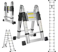 STANEW Échelle télescopique de 5m(2.5+2.5), Echelle Pliante 2 en 1, Escabeau Télescopique en Aluminium, Charge 150 kg, Argenté