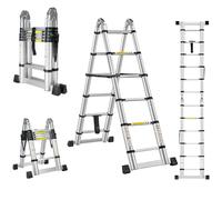 STANEW Échelle télescopique pliante 2 en 1 3,8m (1,9+1,9) aluminium, 2 barre stabilisatrice