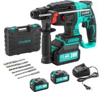 STANEW Marteau perforateur sans fil, perceuse à percussion avec mandrin SDS-Plus, moteur sans balais, 4500 BPM, 1000 tr/min, 6 x forets, énergie de frappe 2J, avec 2 x batterie 20 V, 4,0 Ah et chargeu