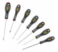 STANLEY 065438 Gamme FATMAX Jeu De Tournevis Parallèle/Évasé/Cruciforme/Pozidriv 7 Pièces - Fabriqués En France - Liaison Quasi Incassables - Poignée Soft-Grip - Force De Serrage Maximum