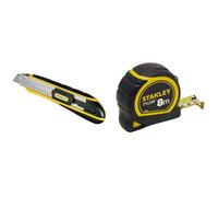 STANLEY FATMAX Cutter à Cartouche - Chariot en Acier Inoxydable, 6 Lames 18 mm Incluses, Robuste & STANLEY Mètre Tylon Boitier Bi Matière 8m x 25mm - Ruban Anti-Corrosion - Blocage du Ruban