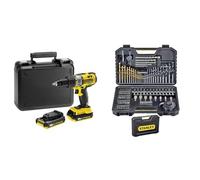Stanley FATMAX Perceuse à Percussion 18V Lithium Ion Mandrin Une Main Vitesse Variable Faisceau LED & Lot de 100 forets hex et accessoires, sur Métal, en Plastique