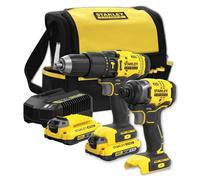 STANLEY FATMAX V20 combo Kit 2 outils sans fil brushless 18V avec perceuse à percussion et visseuse à chocs, 2 batteries Li-Ion 2,0Ah, chargeur 1,25A et sac souple, SFMCK465D2S-QW