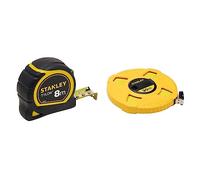 STANLEY Mètre Tylon Bi Matière 8m x 25mm - Ruban Anti-Corrosion - Boitier Bi Matière & 0-34-297 Mètre À Ruban Fibre De Verre 30 M Jaune Fluo - Revêtement Pvc - Anti-Corrosion