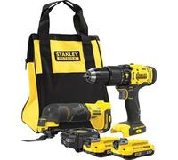 Stanley, SFMCK213D2S, set Perceuse-visseuse à percussion sans fil, système V20 20V, 2 batteries 2.0Ah incluses, sacoche et chargeur, noir avec jaune