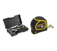 Stanley Stmt82672-0 Coffret De Douilles ¼’’ + Cliquet 72 Dents + 1 Rallonge 75Mm + 1 Porte Embout & Mètre Tylon Boitier Bi Matière 8m x 25mm - Ruban Anti-Corrosion - Blocage du Ruban