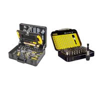 STANLEY Valise de Maintenance - 142 Pièces - Pinces et coupe-touts, clé à molette, niveau & Coffret de 61 Embouts 1/4" (25mm) + mallette - Porte Douille Adaptateur 50mm - Porte embout magnétique 60mm