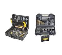 STANLEY Valise de Maintenance - 142 Pièces - Pinces et coupe-touts, clé à molette, niveau, mesure, tournevis, scie à métaux, cutter, outils pour serrage-vissage & Lot de 100 forets et accessoires