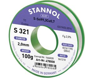 Stannol S321 2,0% 2,0MM SN99,3CU0,7 CD 100G Étain à souder sans plomb sans plomb, bobine Sn99,3Cu0,7 ORH1 100 g 2 mm