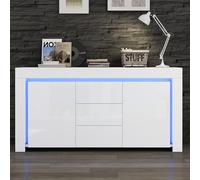 STAPERFO Buffet, commode, armoire de salon et meuble haut - Buffet blanc brillant avec LED, 3 tiroirs, 2 portes, 140 x 40 x 65 cm, MDF, salon, couloir