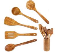 StarBlue Lot de 6 ustensiles de cuisine en bois d'acacia - Spatules anti-rayures et durables pour ustensiles de cuisine antiadhésifs - Spatule en bois écologique et ergonomique et support de poêle