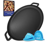 StarBlue Poêle à pizza ronde en fonte de 40,6 cm avec poignées en silicone et livre électronique de 30 recettes - Comal pré-assaisonné, essentiel de cuisine pour les amateurs de pizza, pâtisserie,