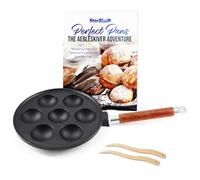 StarBlue Poêle Aebleskiver à 7 trous en fonte avec poignée amovible en bois, pré-assaisonnée, bâtonnets Aebleskiver et livre de recettes inclus