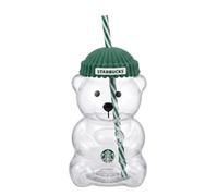 STARBUCKS Gobelet Bearista Glass en verre en forme d'ours, couvercle vert avec motif de bonnet vert, paille à rayures